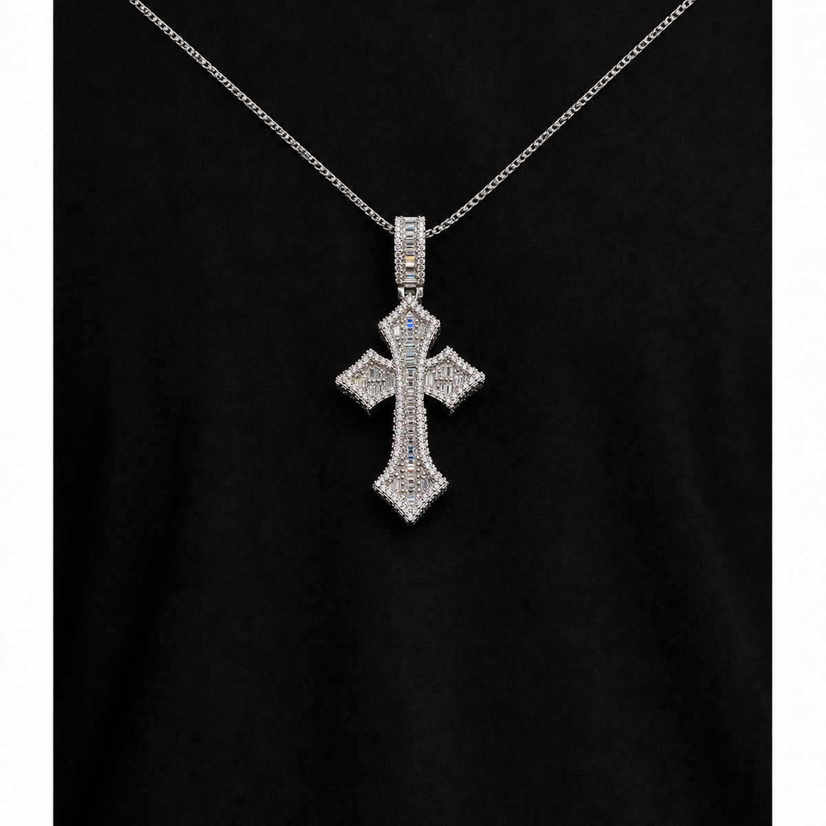 Iced Gothic Moissanite Cross Pendant – 925 Sterling Silver