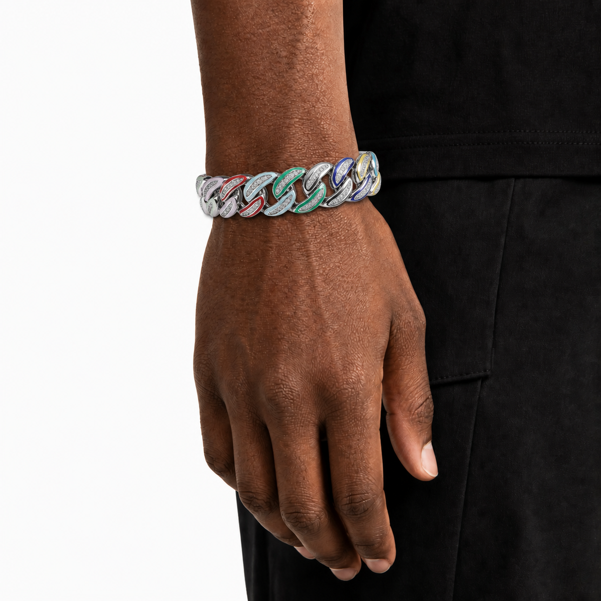 Pulsera cubana iced out con esmalte multicolor de 15 mm