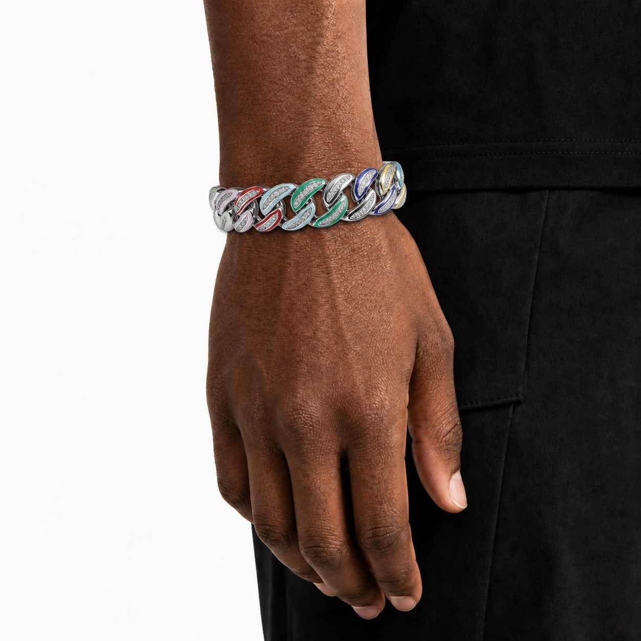 Pulsera cubana iced out con esmalte multicolor de 15 mm