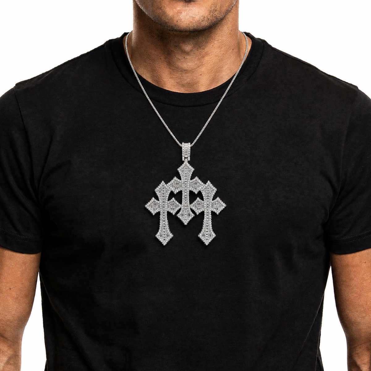Iced Triple Gothic Moissanite Cross Pendant – 925 Sterling Silver