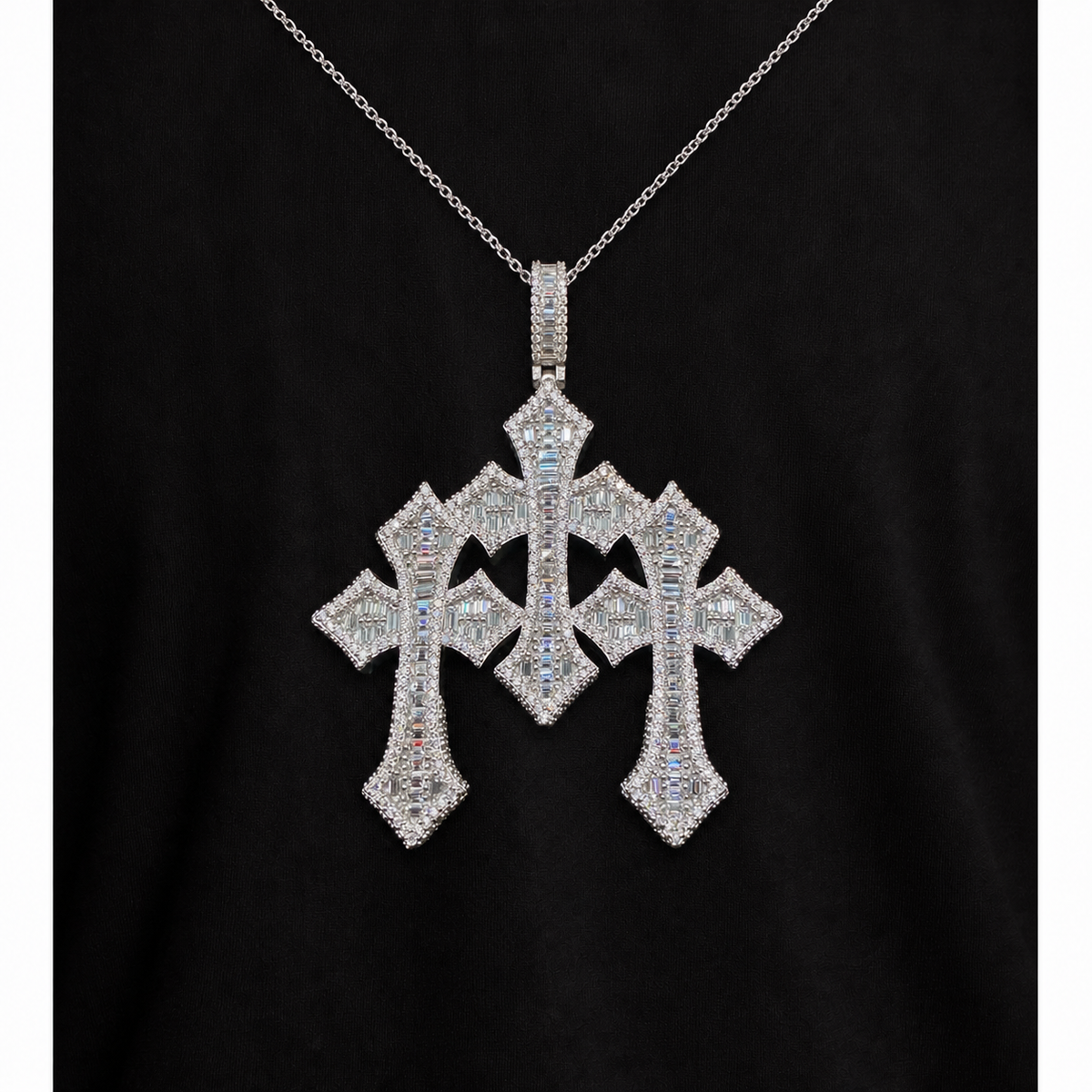 Iced Triple Gothic Moissanite Cross Pendant – 925 Sterling Silver