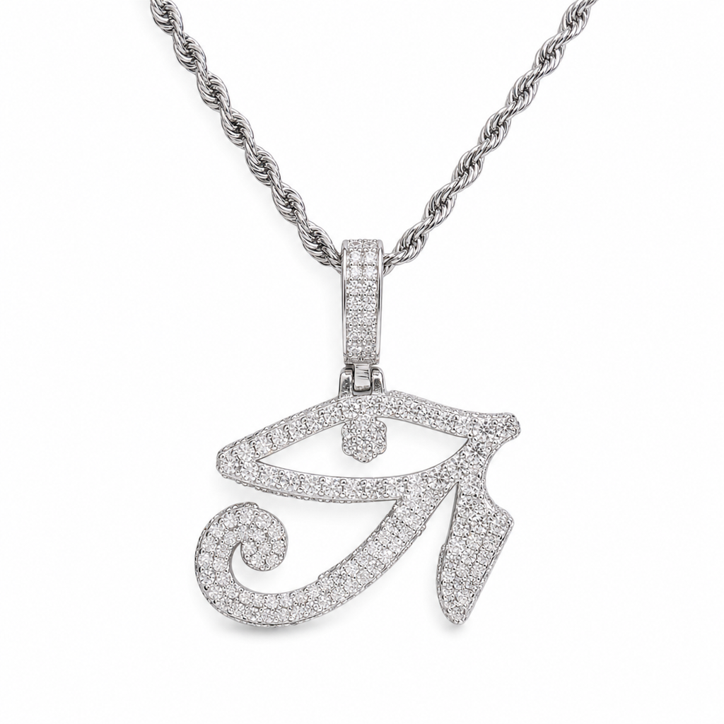 Iced Eye of Horus pendant with moissanite stones and 925 sterling silver setting.