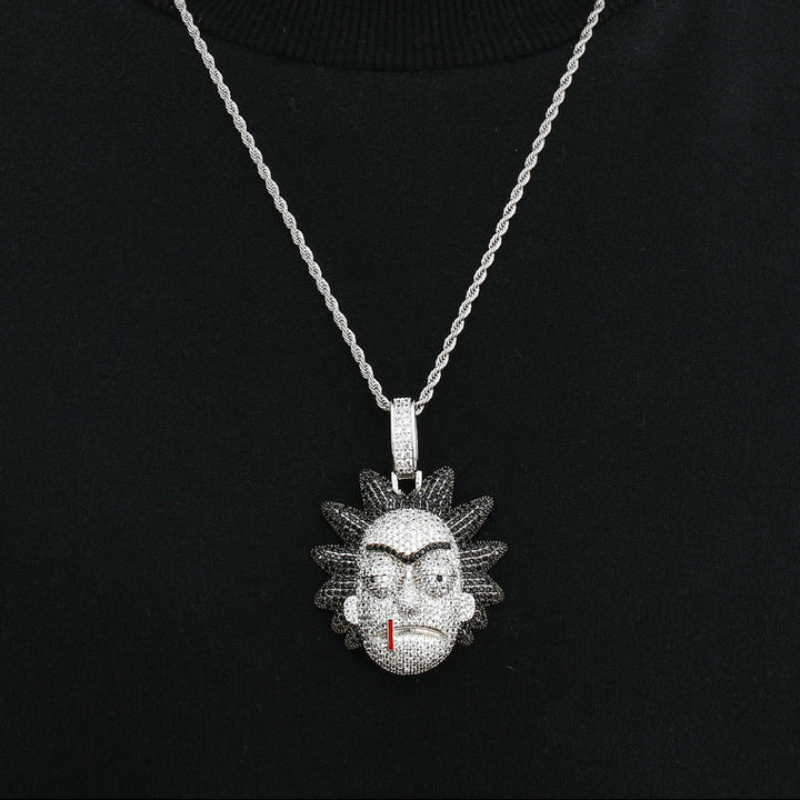 Silver-tone cartoon face pendant worn on a chain over a black top