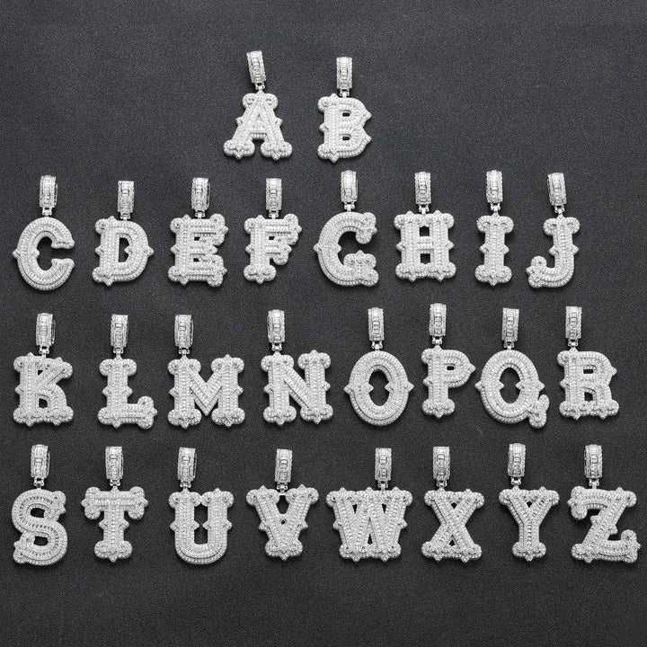 Silver-tone stone-set alphabet pendants arranged from A to Z