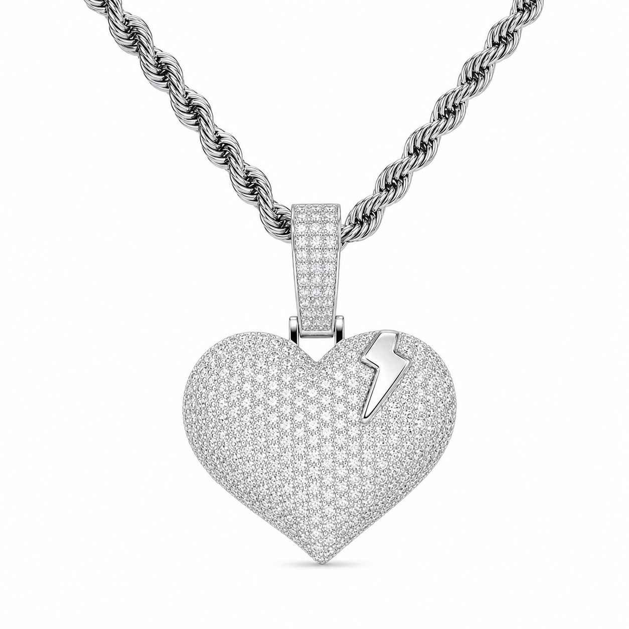 925 silver moissanite iced out heart lightning pendant with pave stones