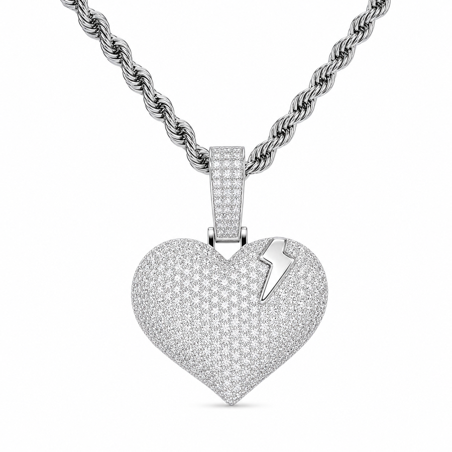 925 silver moissanite iced out heart lightning pendant with pave stones