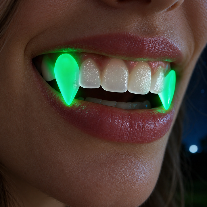 Close-up of a woman wearing green glowing vampire fangs in low light