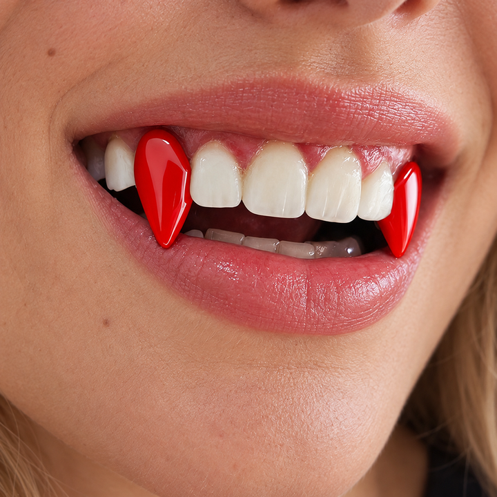 Close-up of a woman wearing glossy red vampire fangs