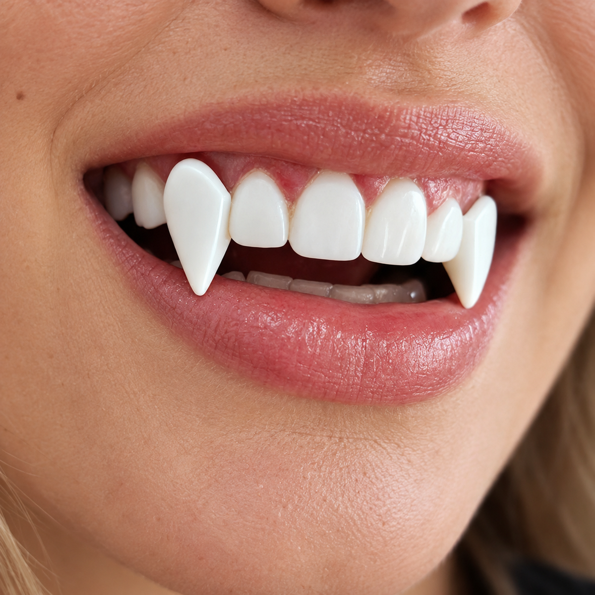 Close-up of a woman wearing white vampire fangs