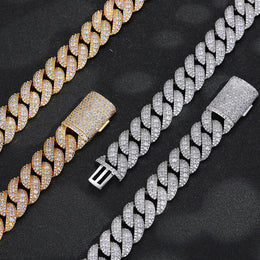 Gold and Silver iced Bubble Cuban link chains with pavé box clasp details