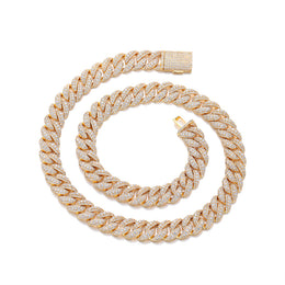 Gold 12mm iced Bubble Cuban link chain and bracelet on white