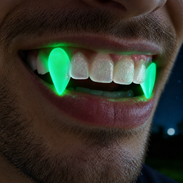 Close-up of a model wearing green glowing vampire fangs in low light