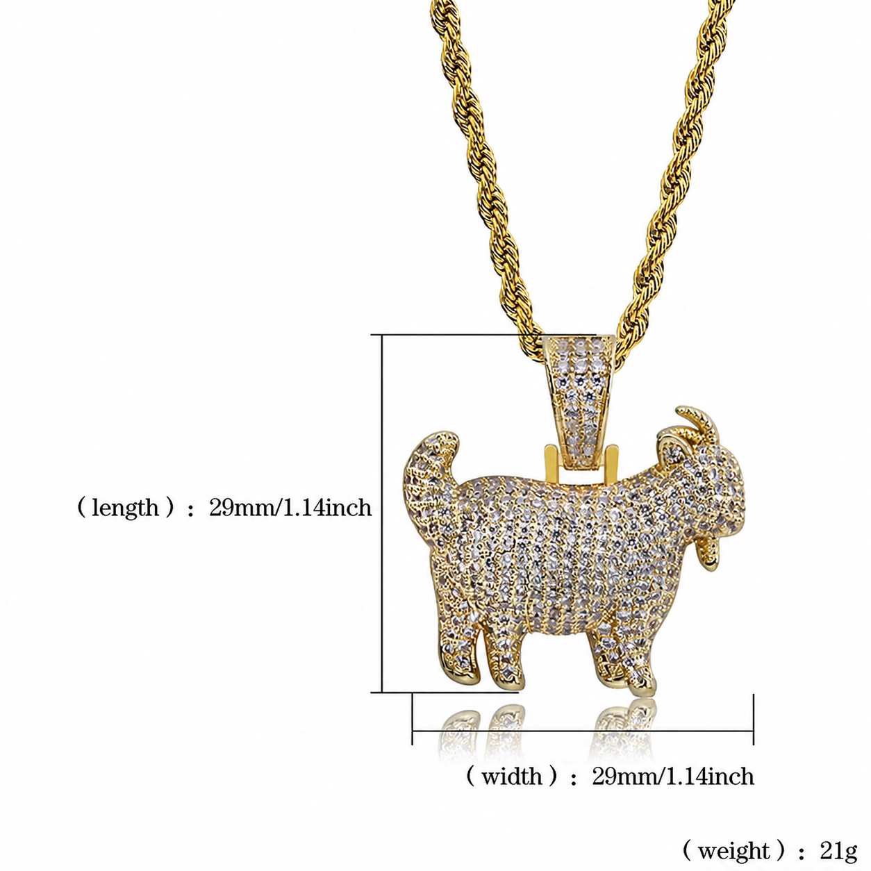 Gold iced goat pendant English size guide