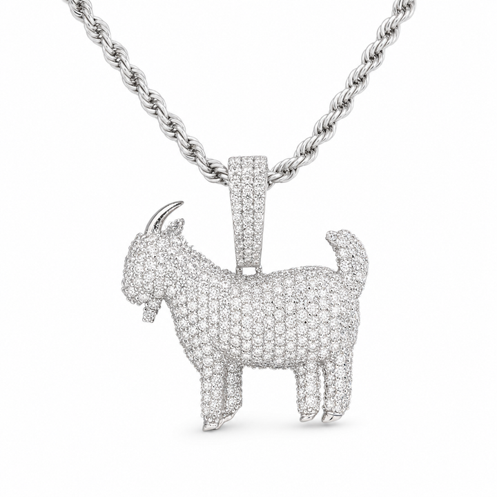 Silver-tone goat pendant with clear stones on a rope chain
