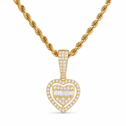 Yellow gold finish moissanite heart pendant with baguette stones