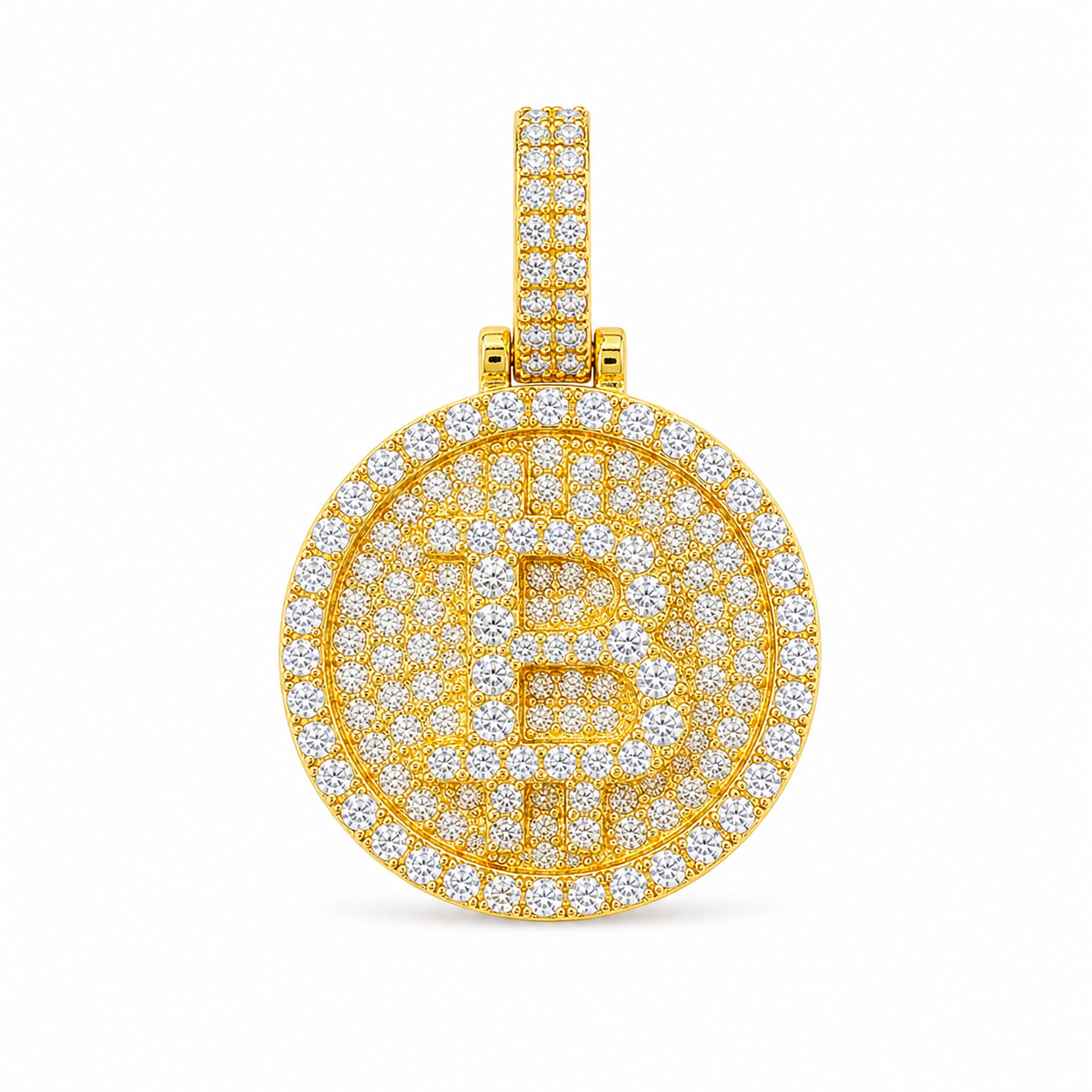 Iced out 925 sterling silver moissanite Bitcoin pendant in gold