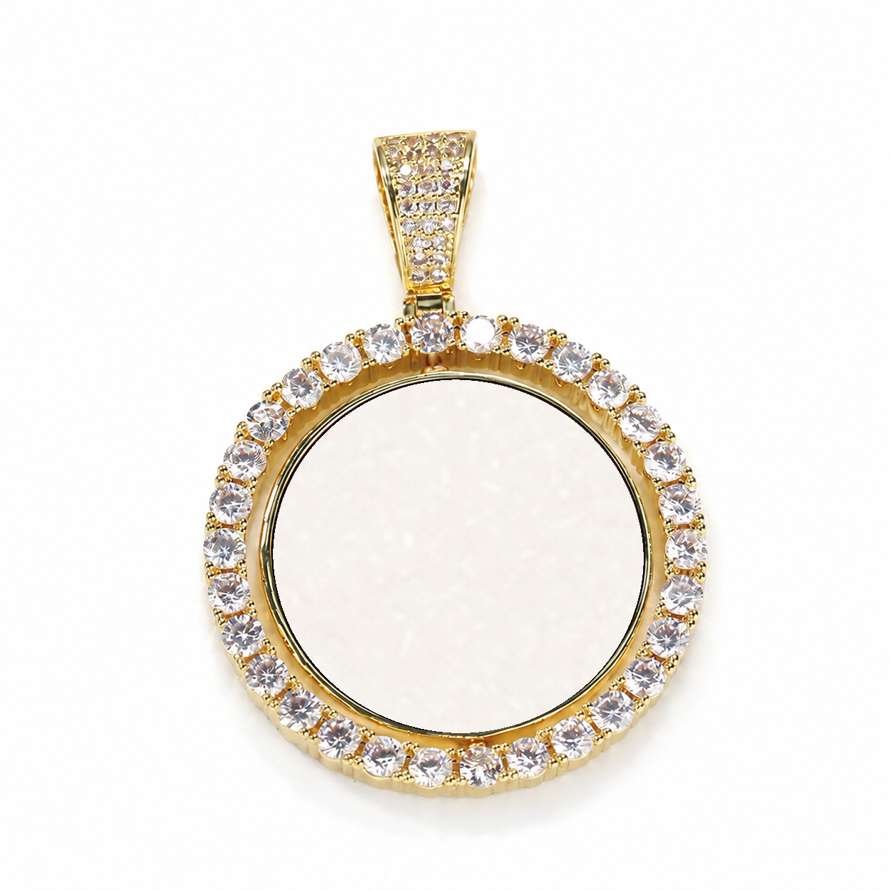 Gold-tone round pendant with a white photo-customization area and stone-set bail