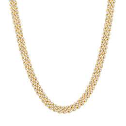 Gold-tone moissanite Cuban link chain in a U-shaped drape on white