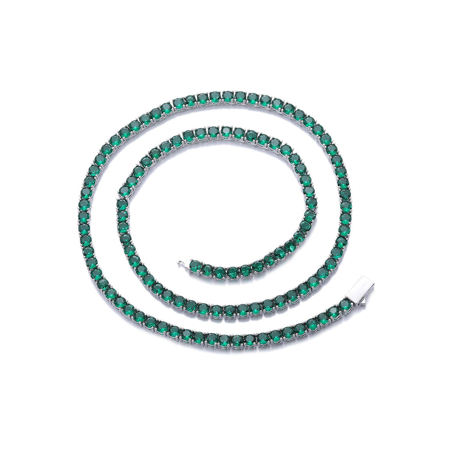 White-background product view of 4mm iced green CZ tennis chain necklace