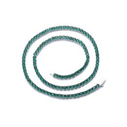 White-background product view of 4mm iced green CZ tennis chain necklace