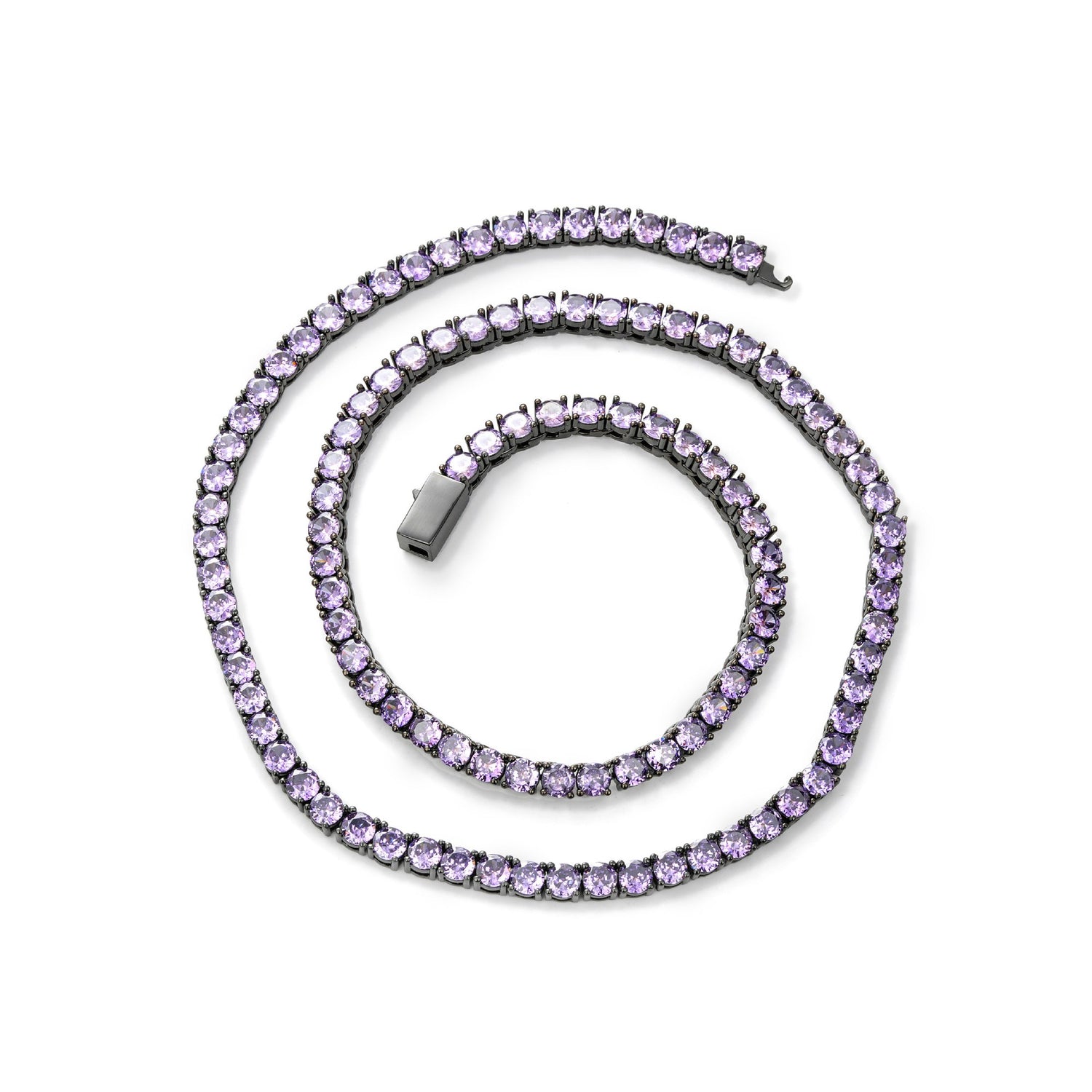 White-background product view of 4mm iced gunmetal purple CZ tennis chain necklace