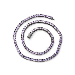 White-background product view of 4mm iced gunmetal purple CZ tennis chain necklace