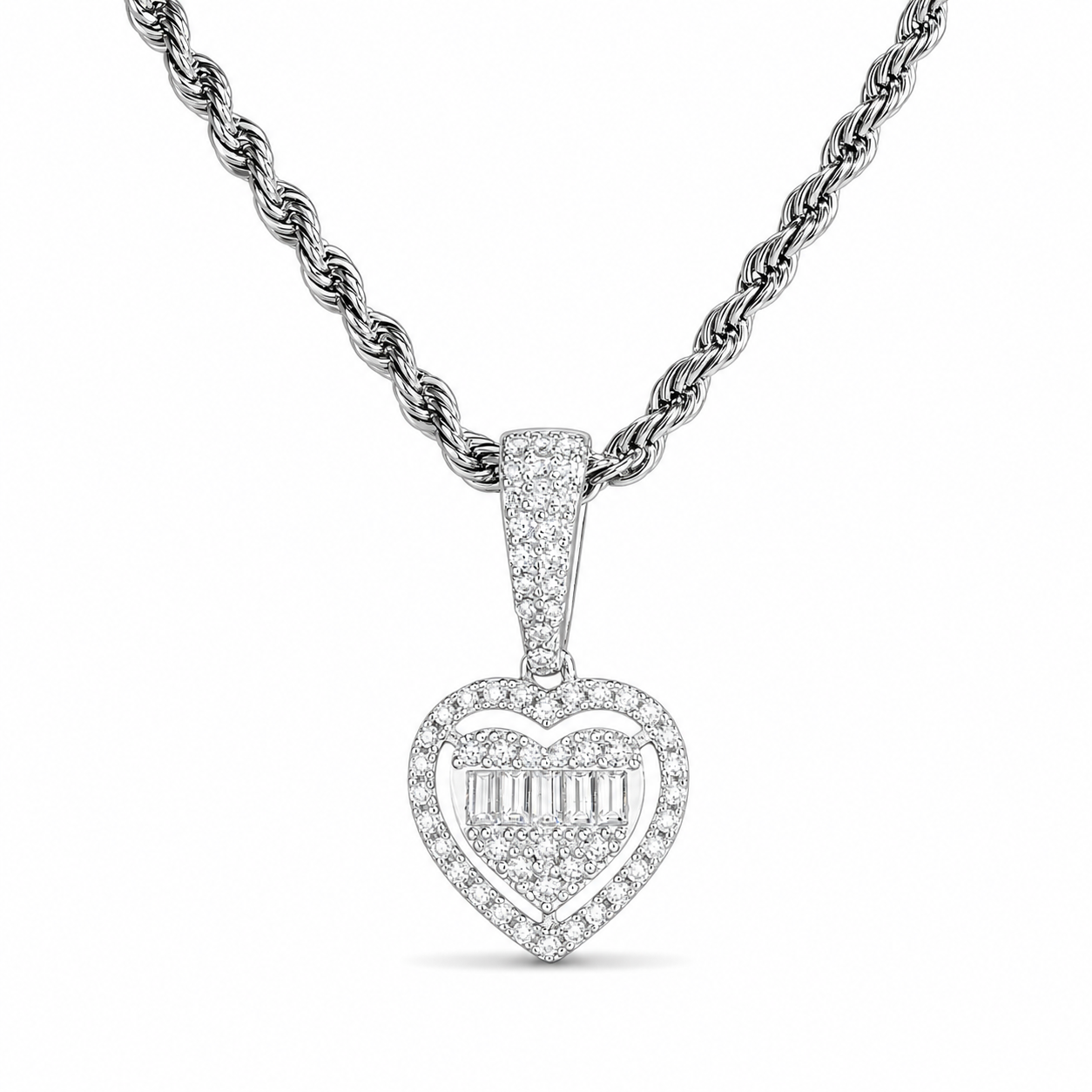 White gold finish moissanite heart pendant in 925 sterling silver