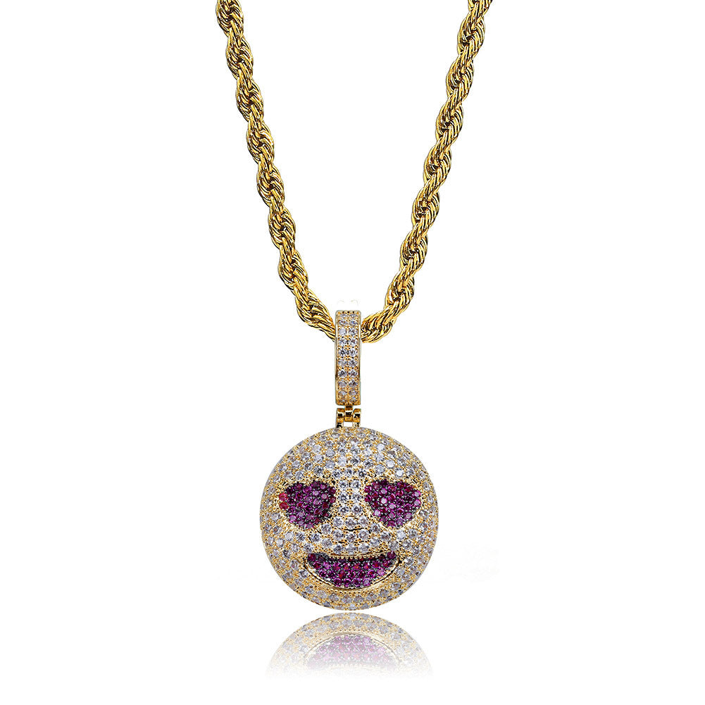 Gold iced heart eyes smile face pendant with purple stones