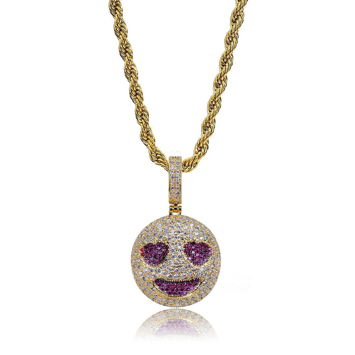 Gold iced heart eyes smile face pendant with purple stones
