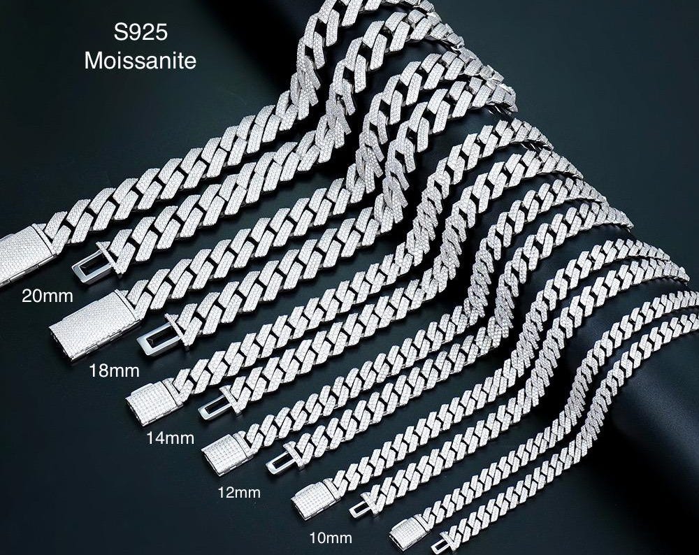 Iced Out VVS1 Moissanite 925 Sterling Silver Prong Cuban Chain