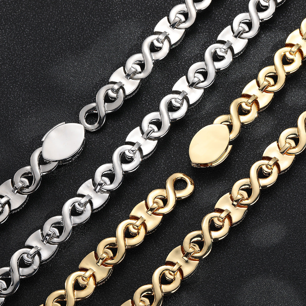 Back of gold-tone and silver-tone infinity eye links and clasp plates