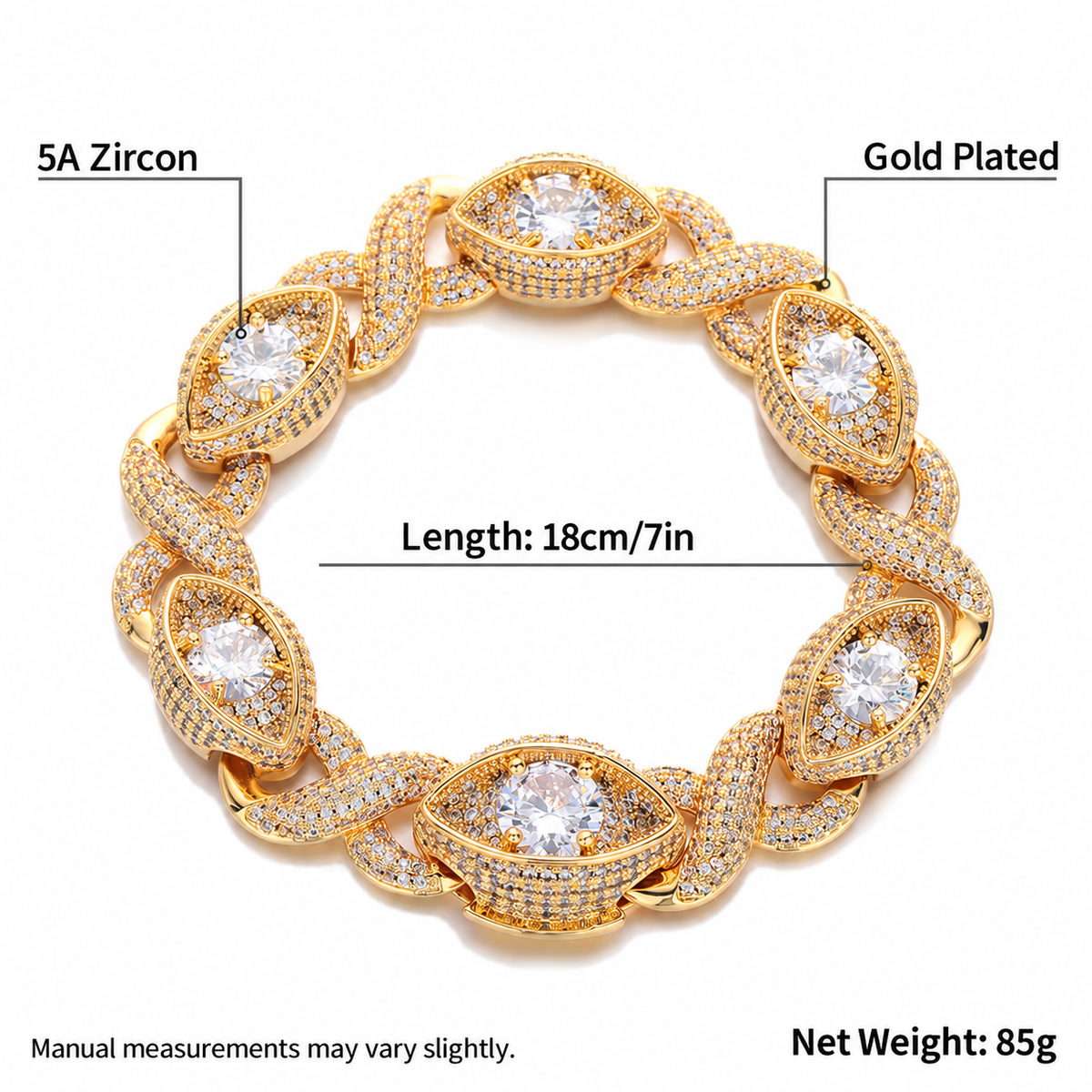 Gold-tone infinity eye-link bracelet length and net weight guide