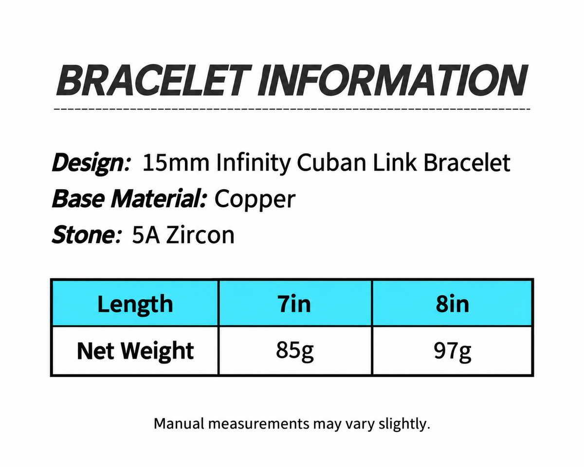 Infinity eye-link bracelet size and net weight table