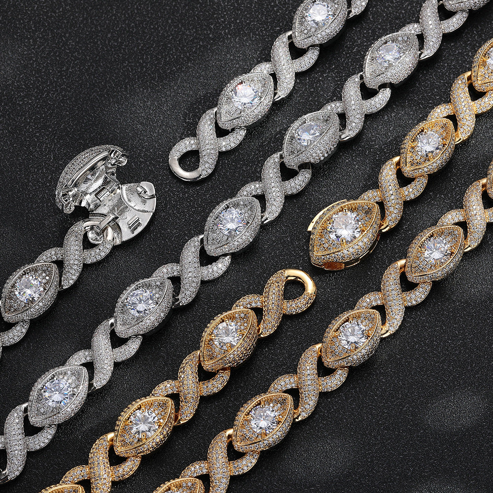 Gold-tone and silver-tone infinity eye links with open hinged clasps