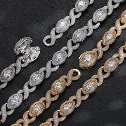 Gold-tone and silver-tone infinity eye links with open hinged clasps