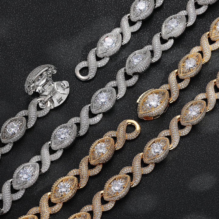 Gold-tone and silver-tone infinity eye links with open hinged clasps