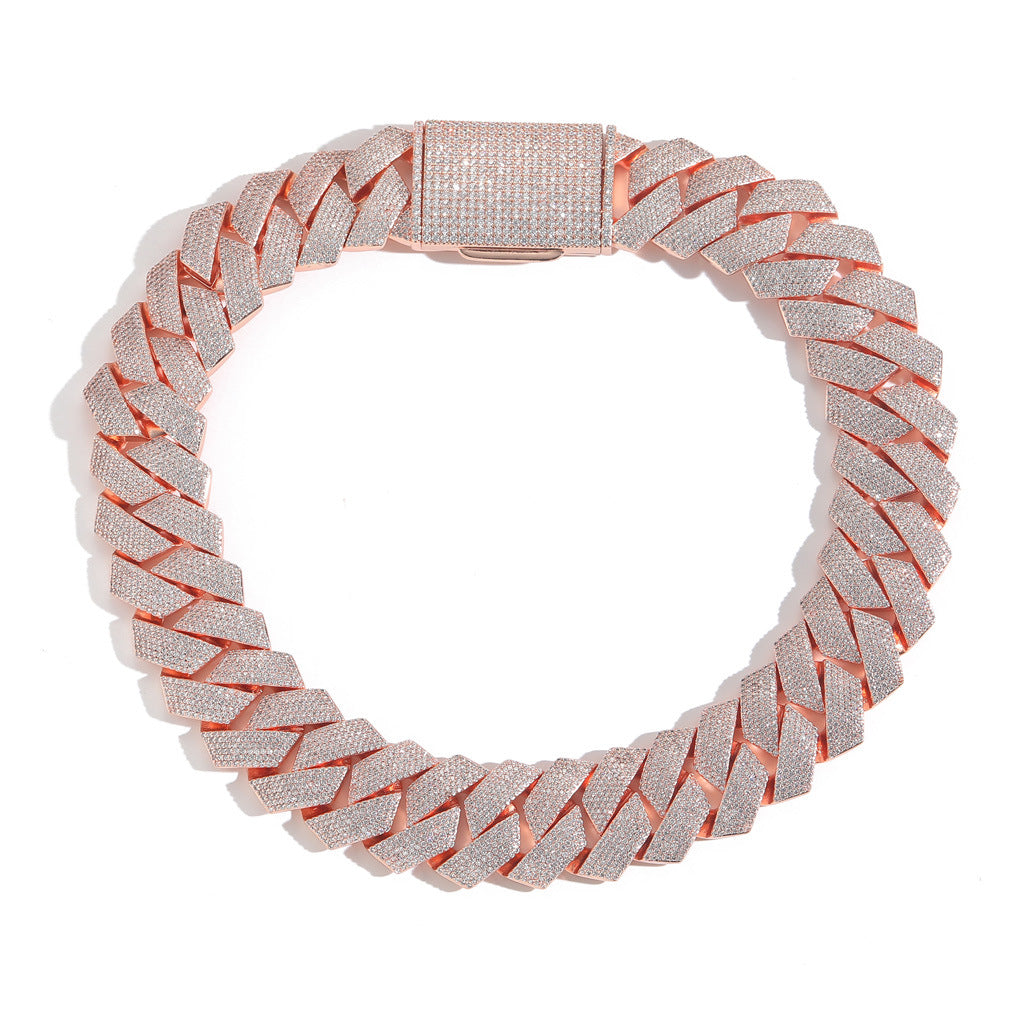 Rose gold-tone iced Cuban links laid flat in a circle with the pavé clasp visible