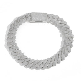 Silver-tone iced Cuban links in a full circular view on white