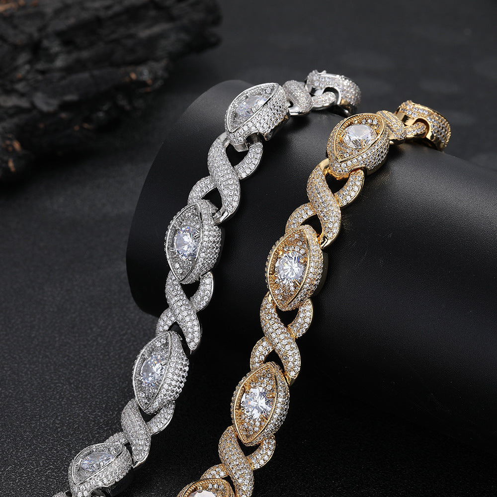 Gold-tone and silver-tone infinity eye links draped over a black display