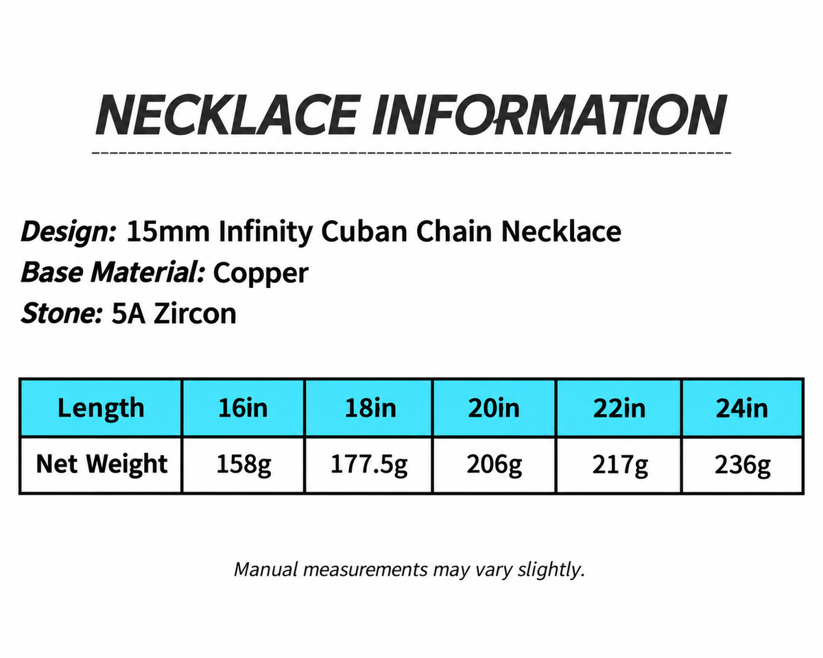 Infinity eye-link necklace size and net weight table