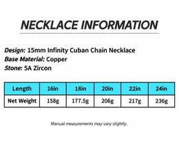 Infinity eye-link necklace size and net weight table