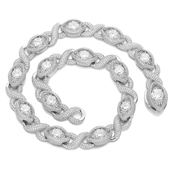 Silver-tone infinity eye-link necklace coiled on white