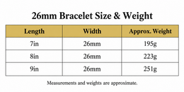 Bracelet size and approximate weight chart for the three available lengths