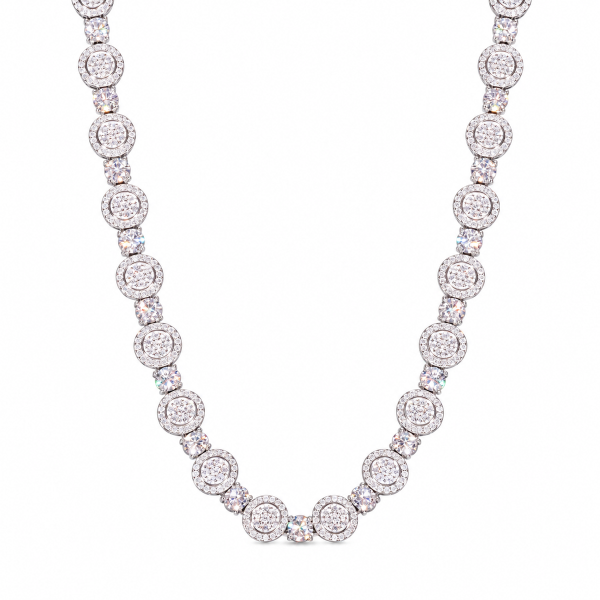 Silver-tone moissanite tennis chain with round halo clusters in a U-shaped drape on white