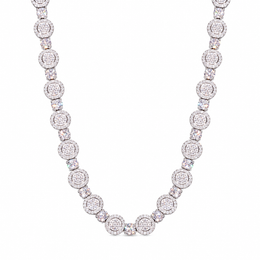 Silver-tone moissanite tennis chain with round halo clusters in a U-shaped drape on white