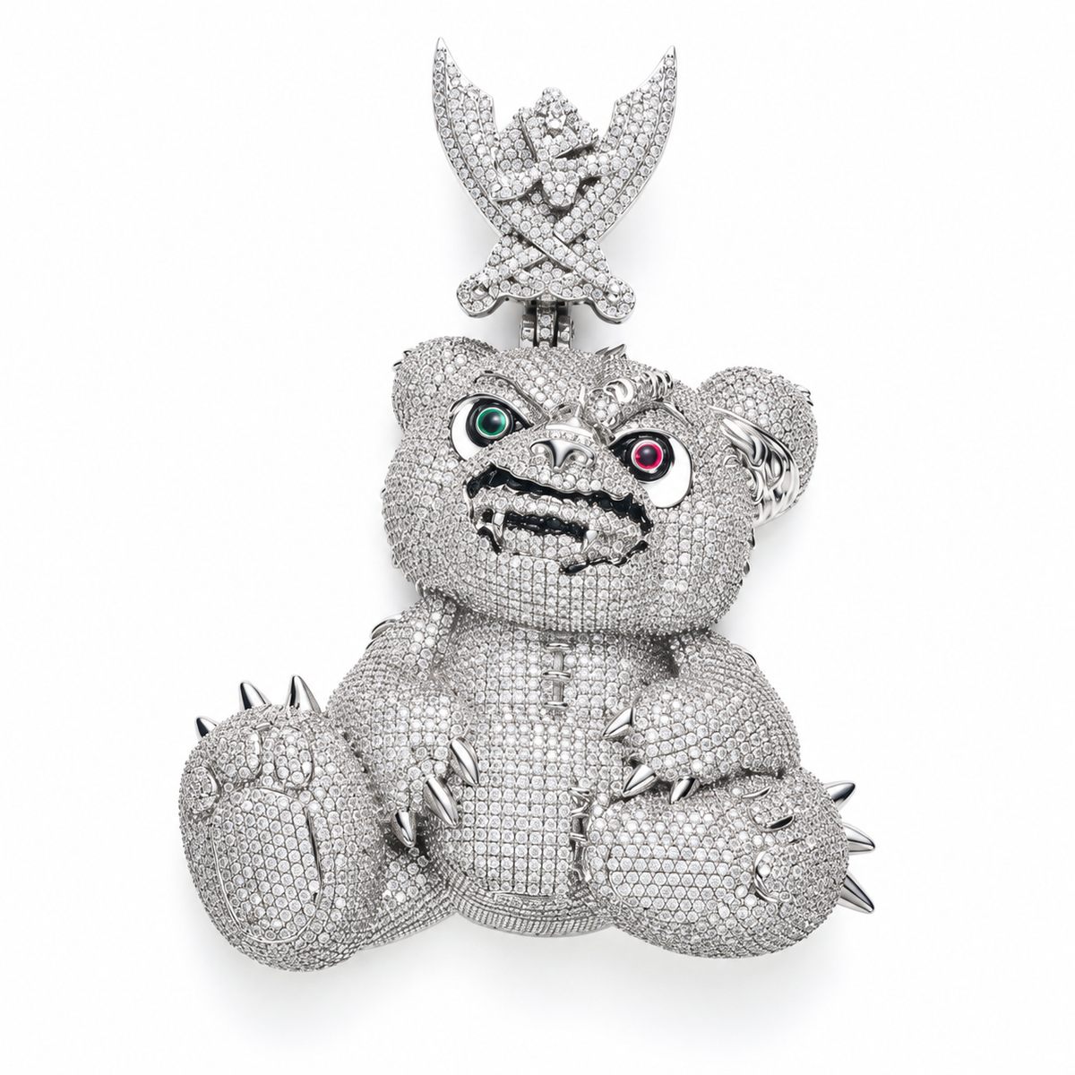 Silver-tone spiked bear pendant with green and red eyes and an ornate bail on white