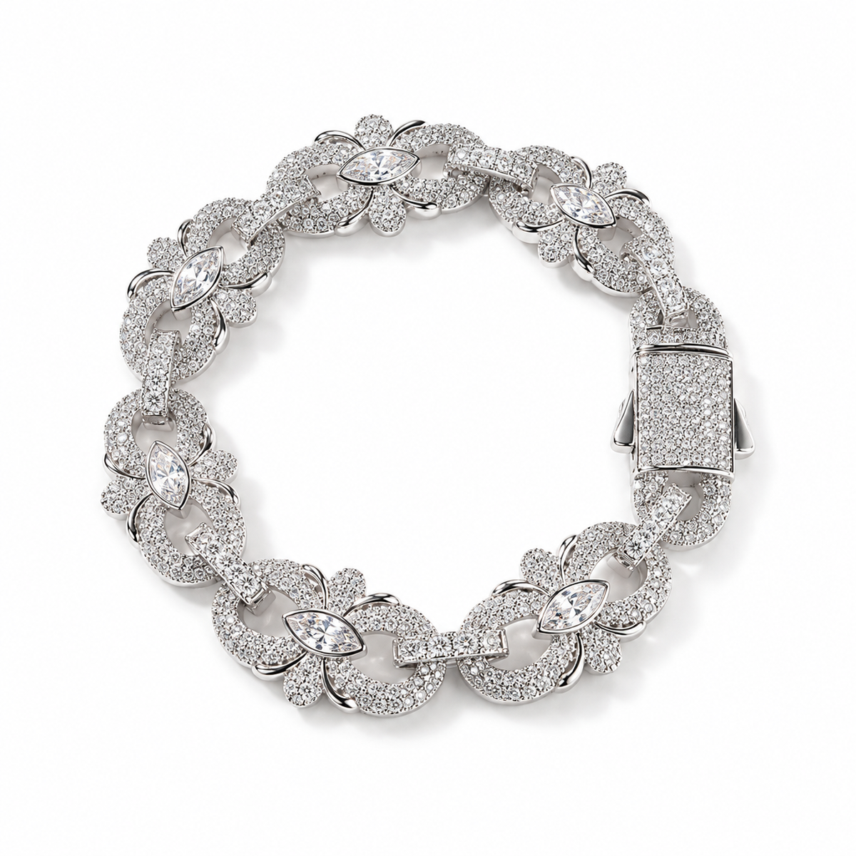 Silver-tone marquise floral link bracelet with clear cubic zirconia and a pavé box clasp
