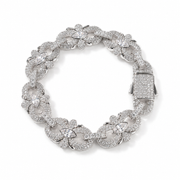 Silver-tone marquise floral link bracelet with clear cubic zirconia and a pavé box clasp