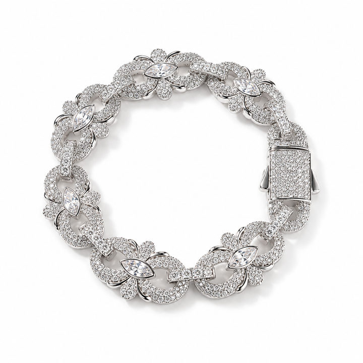Silver-tone marquise floral link bracelet with clear cubic zirconia and a pavé box clasp
