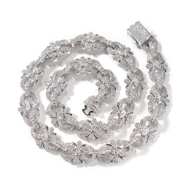 Silver-tone marquise floral link necklace coiled with clear cubic zirconia and its box clasp open
